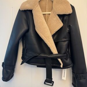 COMMENCE Black Faux Leather Belted Jacket with Tan Shearling